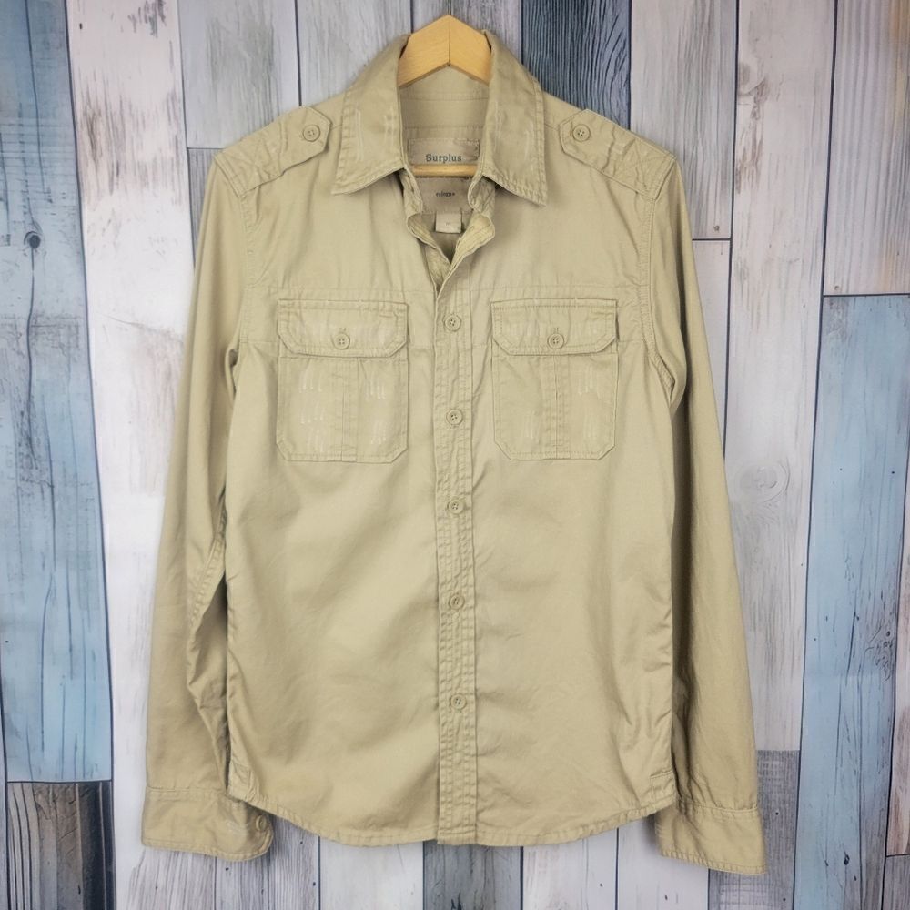 Surplus Raw Vintage Military Distressed Long Sleeve Button Down Shirt Khaki Med